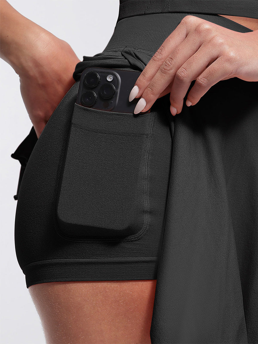 Mid-Waist A Line Skirt Flared Ruffle Hem Built in Shorts with Pockets