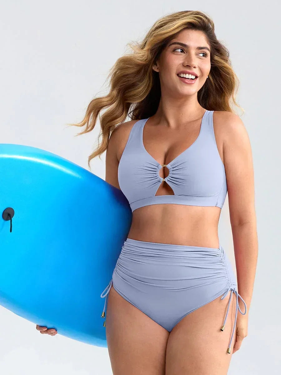 Deep V Neck Tummy Control One Piece Swimsuit for Women – Metal Ring Drawstring Bathing Suit with Removable Pads -