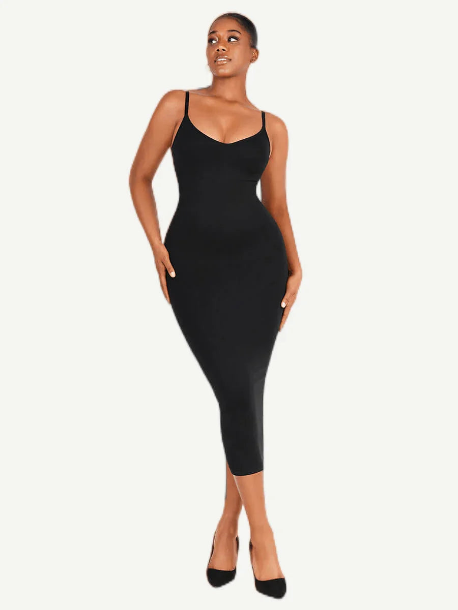 Spaghetti Strap V-neck Snatched Seamless Shaper Dress -