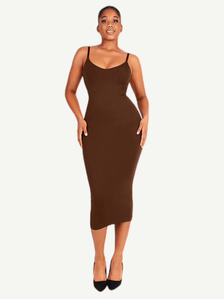 Spaghetti Strap V-neck Snatched Seamless Shaper Dress -