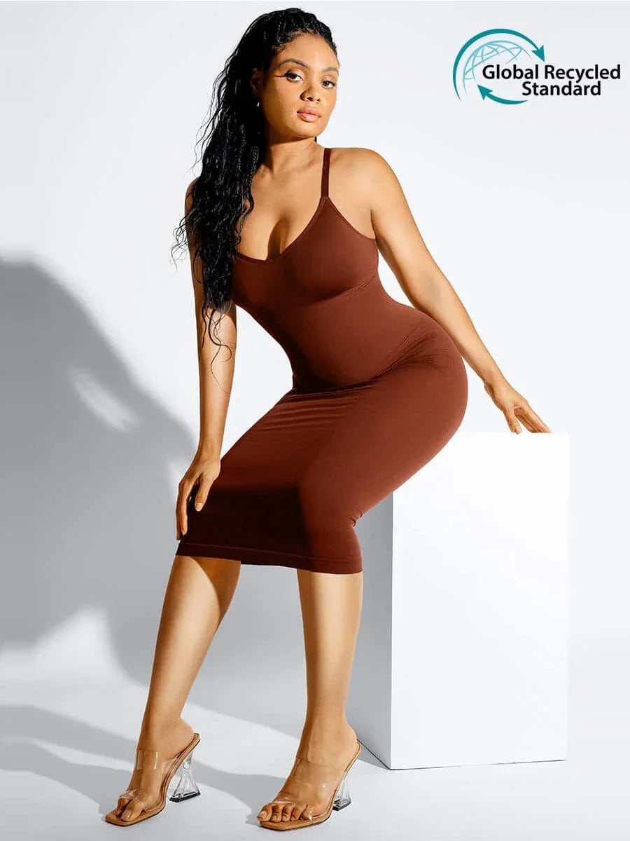 Spaghetti Strap V-neck Snatched Seamless Shaper Dress -