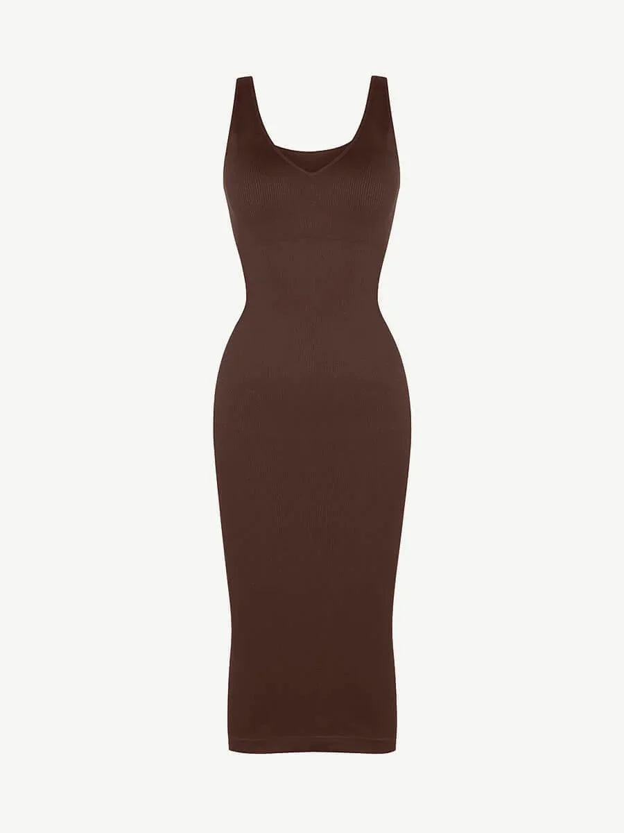 Eco-friendly Seamless Deep V-neck Waist Trimming Shaping Dress with Removable Pads -