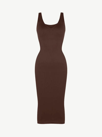 Eco-friendly Seamless Deep V-neck Waist Trimming Shaping Dress with Removable Pads -