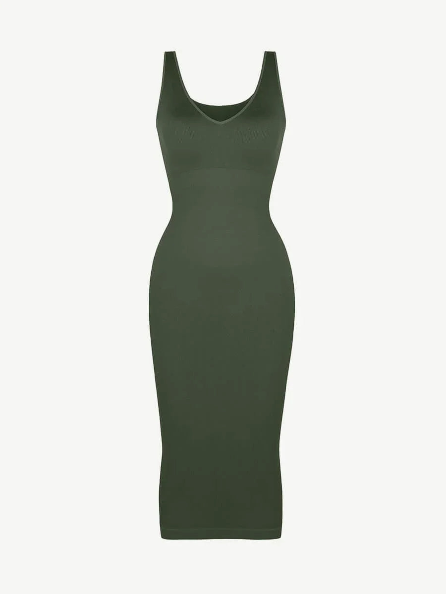 Eco-friendly Seamless Deep V-neck Waist Trimming Shaping Dress with Removable Pads -