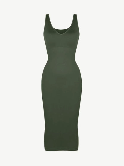 Eco-friendly Seamless Deep V-neck Waist Trimming Shaping Dress with Removable Pads -