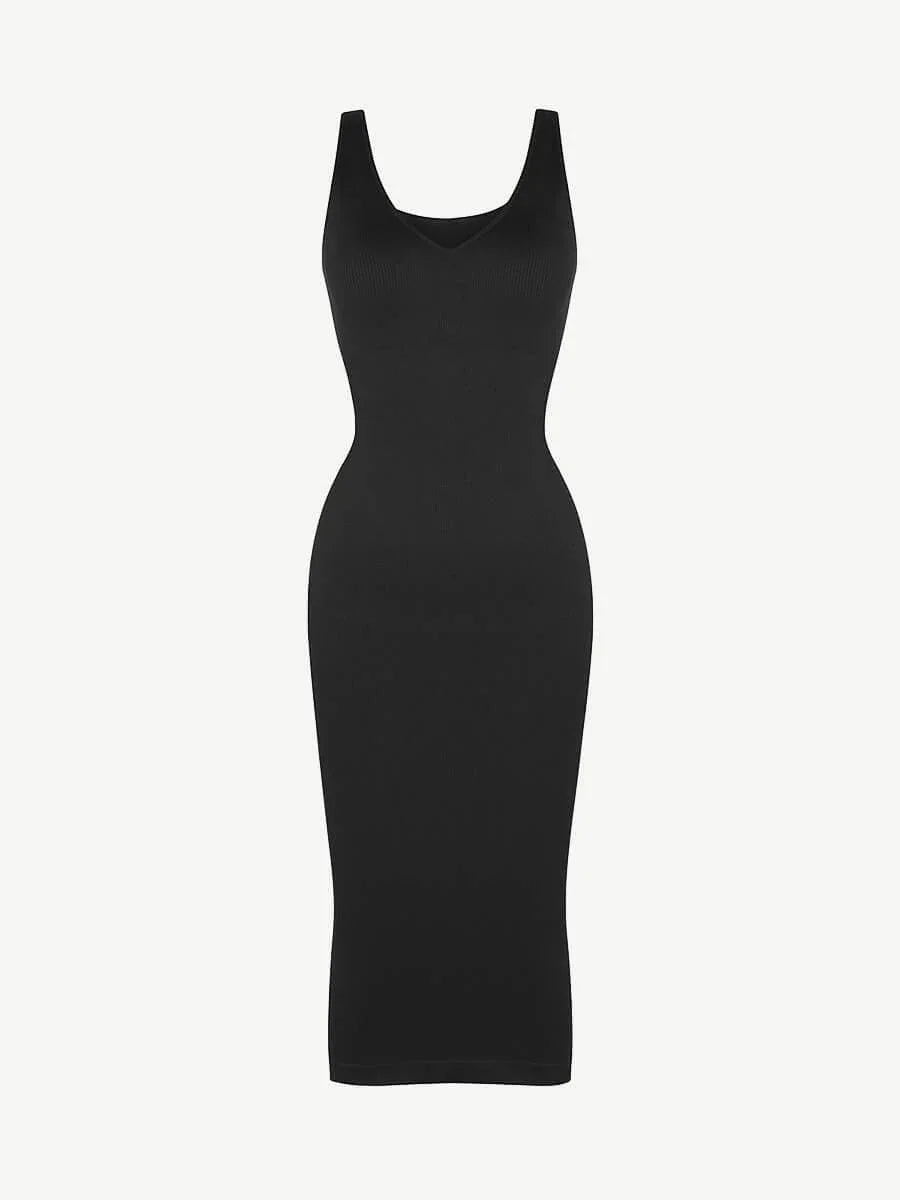 Eco-friendly Seamless Deep V-neck Waist Trimming Shaping Dress with Removable Pads -