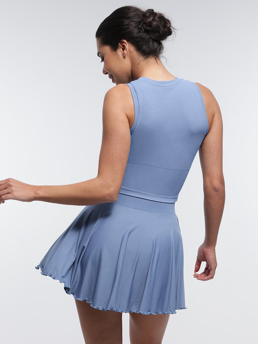 Mid-Waist A Line Skirt Flared Ruffle Hem Built in Shorts with Pockets