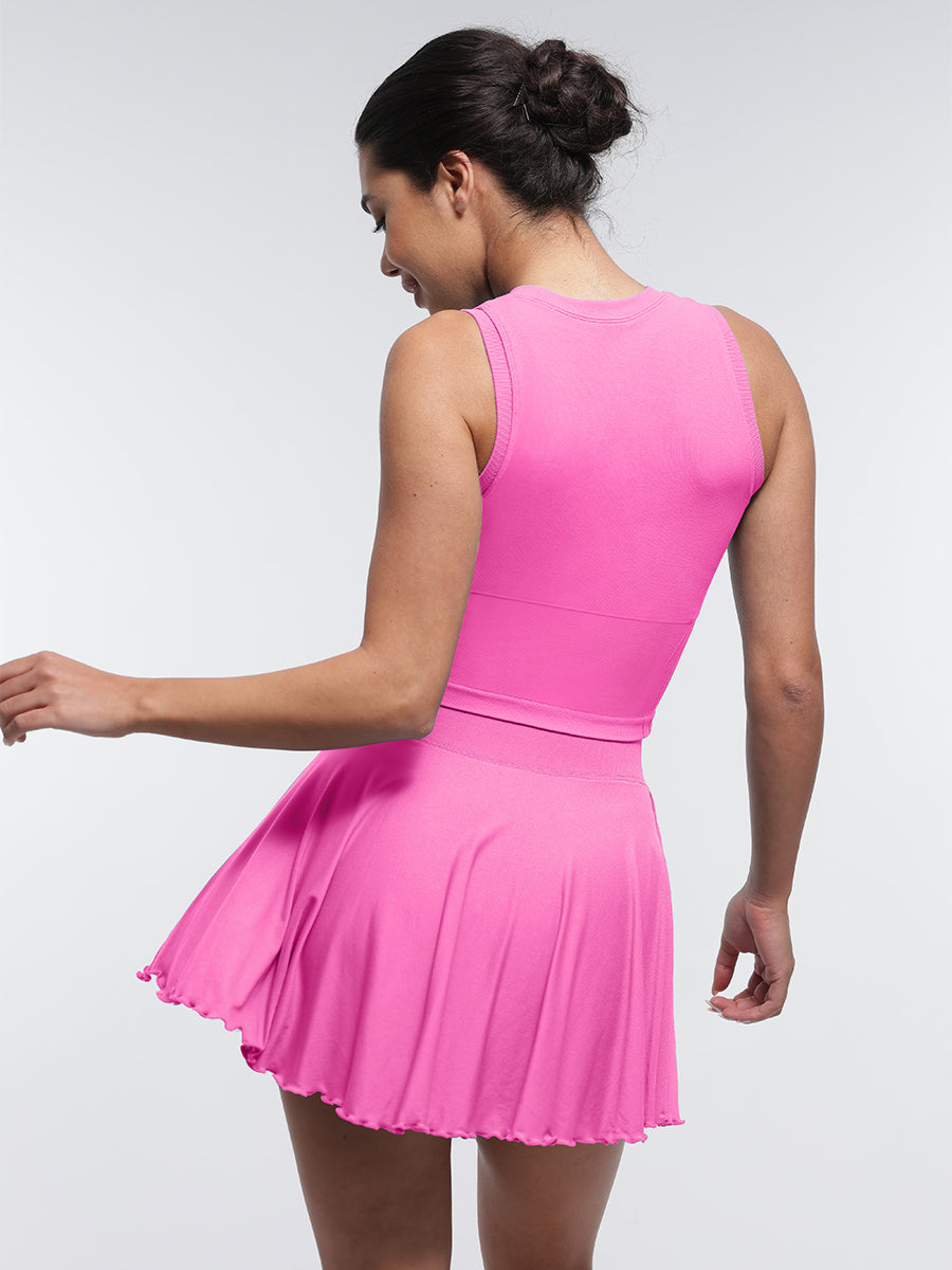 Mid-Waist A Line Skirt Flared Ruffle Hem Built in Shorts with Pockets