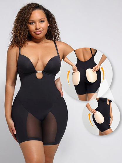 Plunge Low-Back Mid-Thigh Shapewear With Removable Butt And Hips Pads