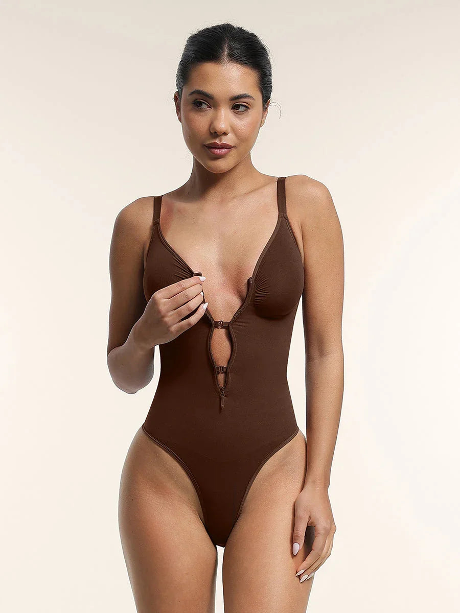 Seamless Plunge Chest Support Bodysuit with Clips Inside -