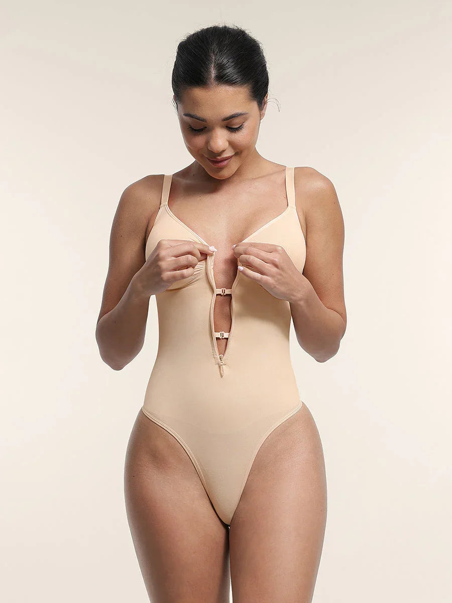 Seamless Plunge Chest Support Bodysuit with Clips Inside -