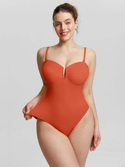 Strapless U Wire Mesh Tummy Control One Piece Shapewear Swimsuit with Removable Pads -