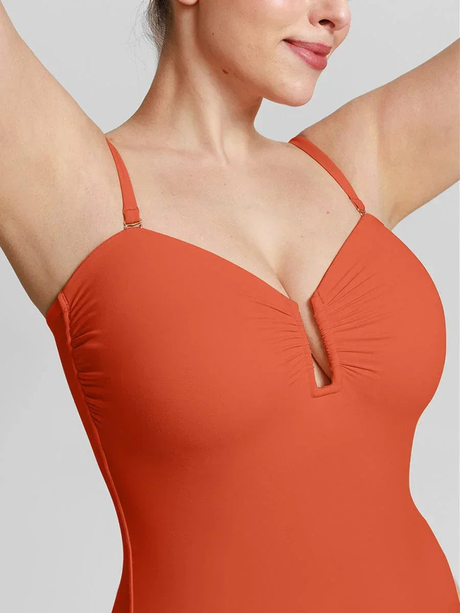 Strapless U Wire Mesh Tummy Control One Piece Shapewear Swimsuit with Removable Pads -