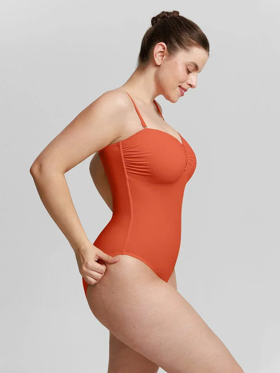 Strapless U Wire Mesh Tummy Control One Piece Shapewear Swimsuit with Removable Pads -