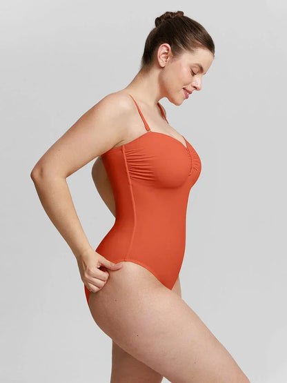Strapless U Wire Mesh Tummy Control One Piece Shapewear Swimsuit with Removable Pads -