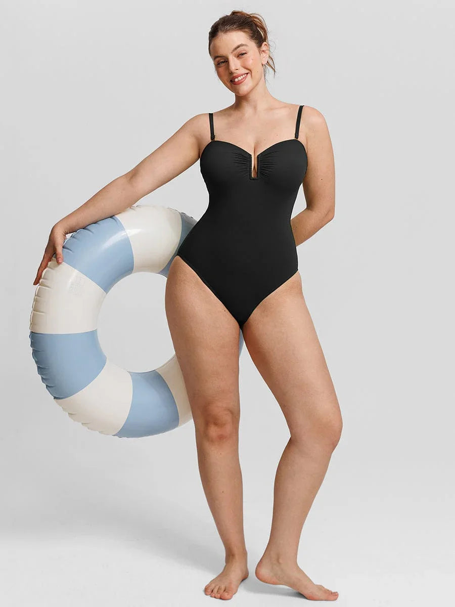 Strapless U Wire Mesh Tummy Control One Piece Shapewear Swimsuit with Removable Pads -