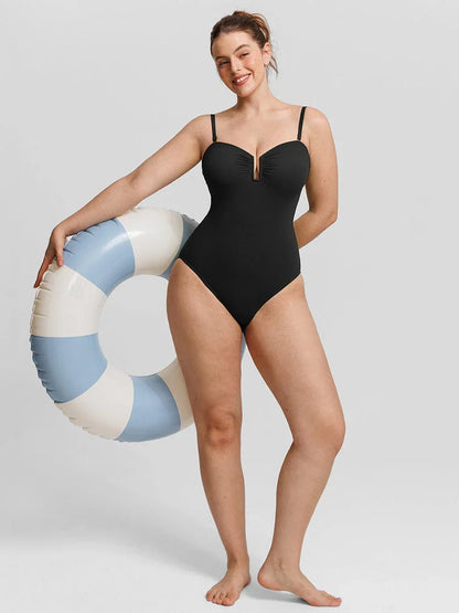 Strapless U Wire Mesh Tummy Control One Piece Shapewear Swimsuit with Removable Pads -