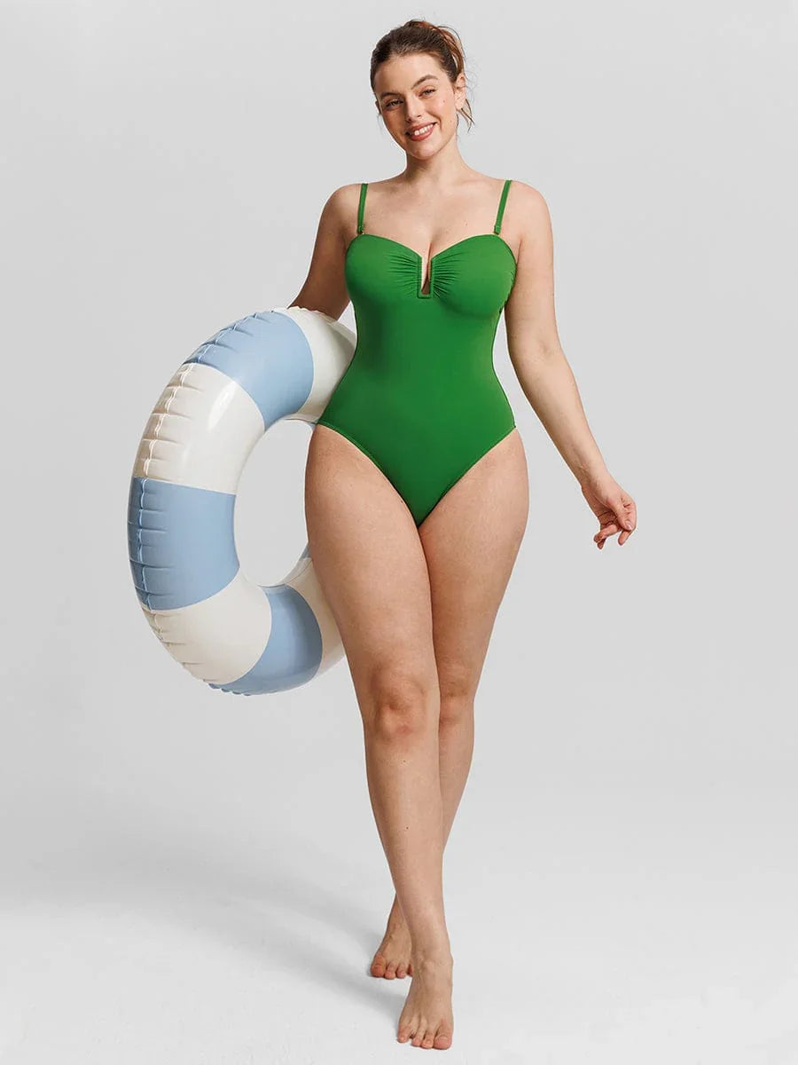 Strapless U Wire Mesh Tummy Control One Piece Shapewear Swimsuit with Removable Pads -