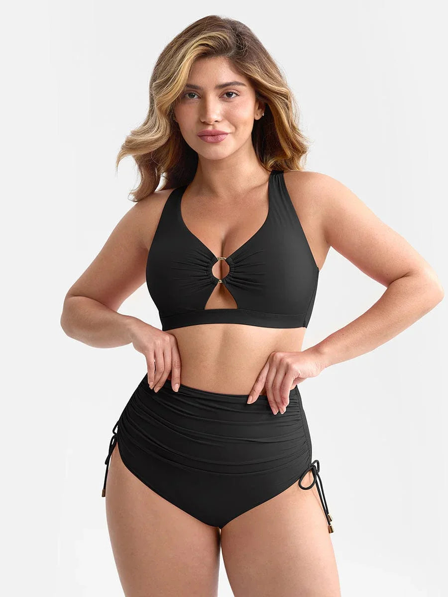Deep V Neck Tummy Control One Piece Swimsuit for Women – Metal Ring Drawstring Bathing Suit with Removable Pads -