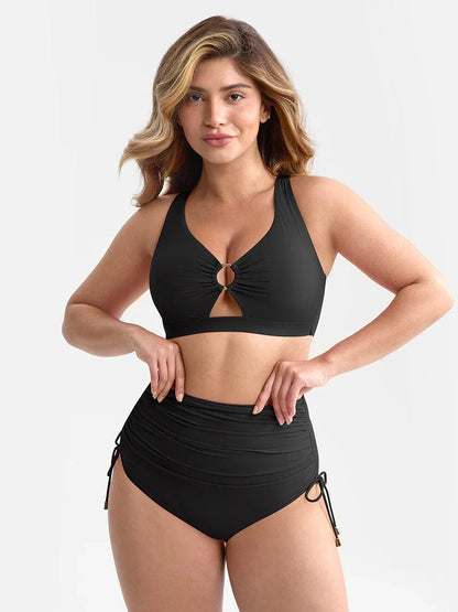 Deep V Neck Tummy Control One Piece Swimsuit for Women – Metal Ring Drawstring Bathing Suit with Removable Pads -