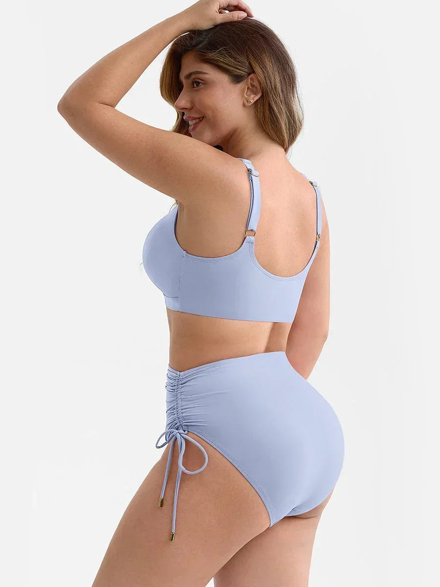 Deep V Neck Tummy Control One Piece Swimsuit for Women – Metal Ring Drawstring Bathing Suit with Removable Pads -