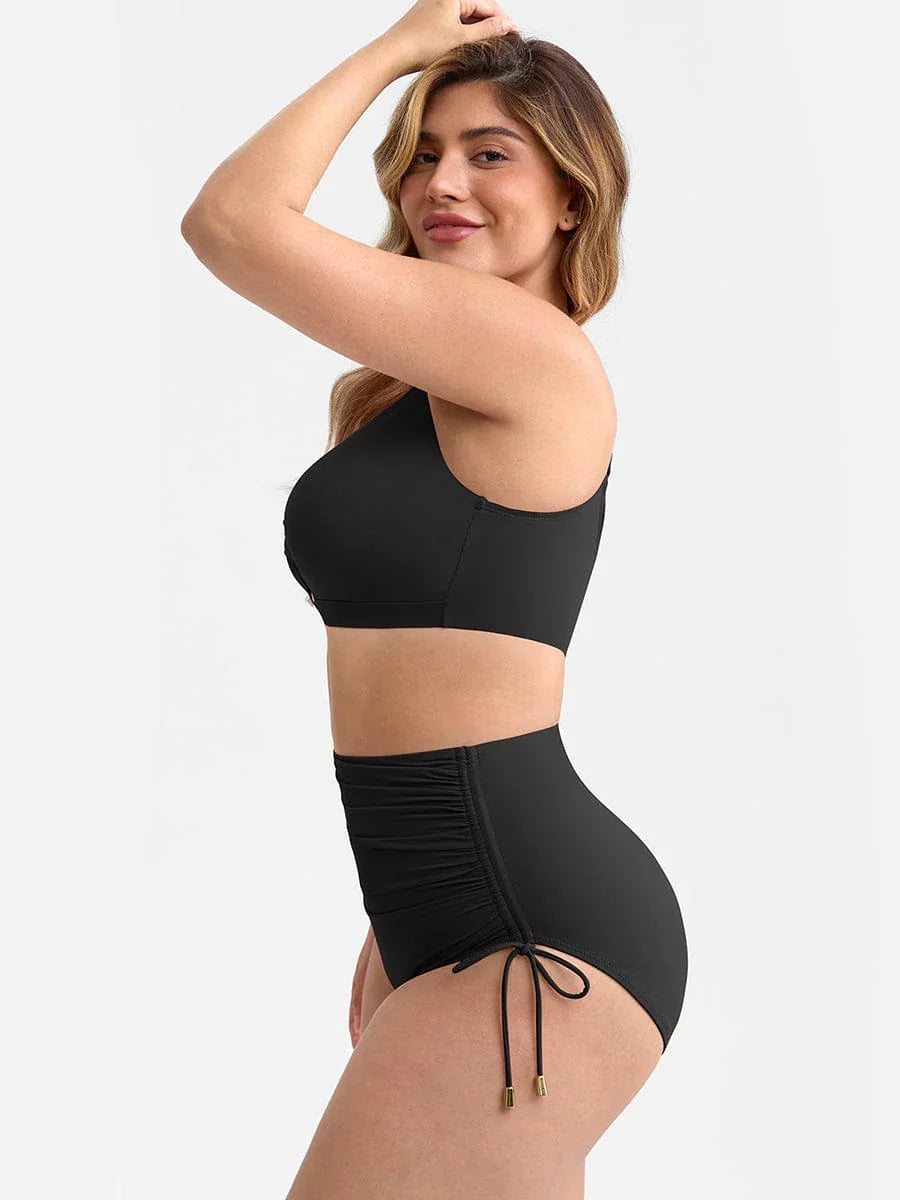 Deep V Neck Tummy Control One Piece Swimsuit for Women – Metal Ring Drawstring Bathing Suit with Removable Pads -