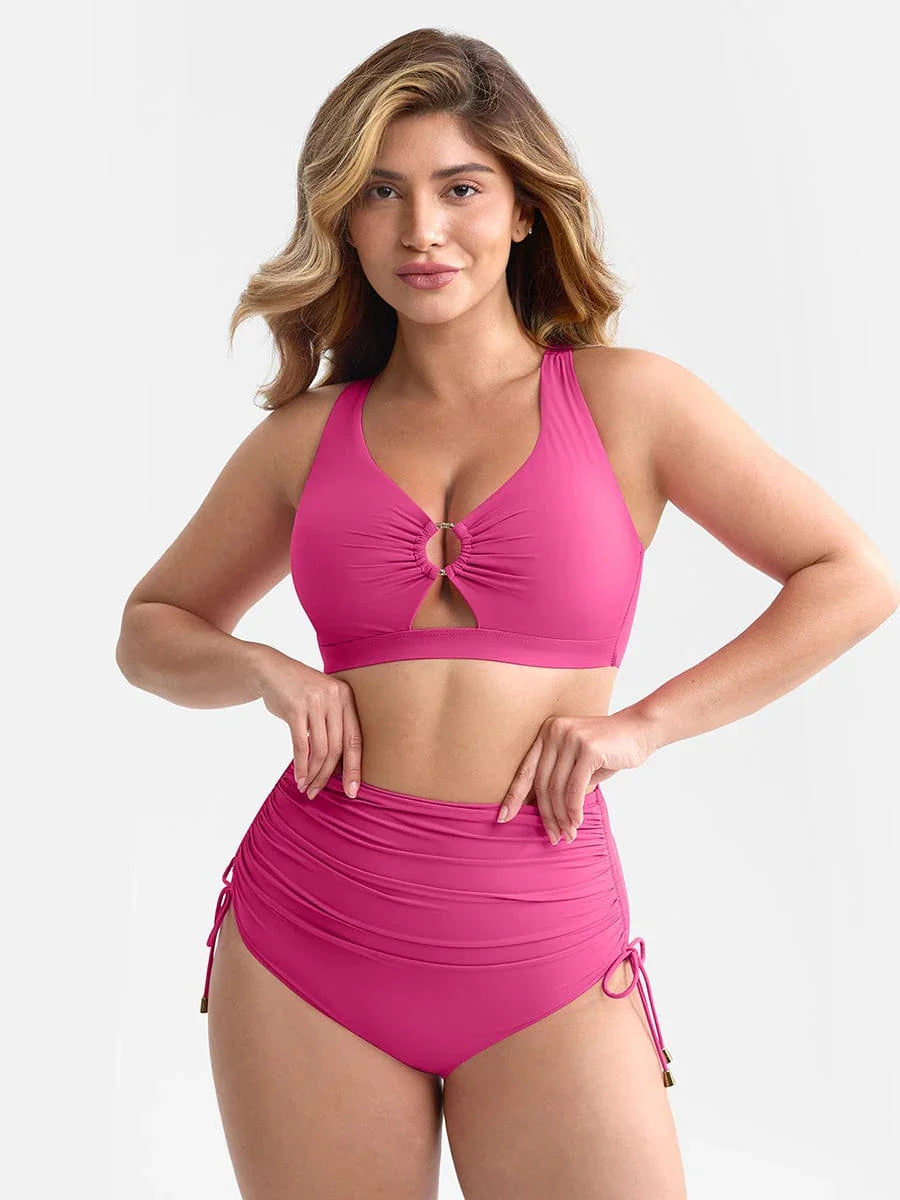 Deep V Neck Tummy Control One Piece Swimsuit for Women – Metal Ring Drawstring Bathing Suit with Removable Pads -