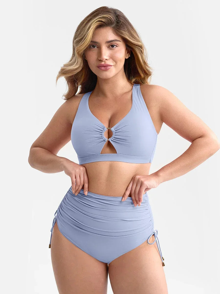 Deep V Neck Tummy Control One Piece Swimsuit for Women – Metal Ring Drawstring Bathing Suit with Removable Pads -
