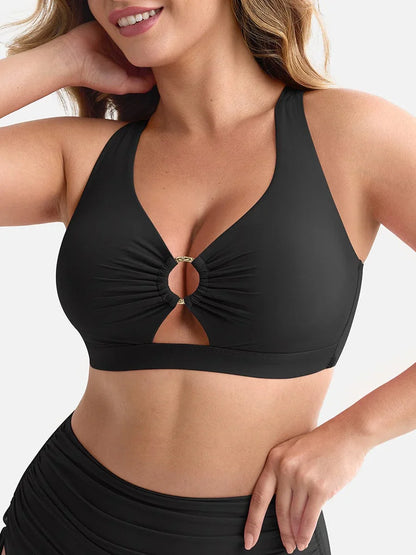 Deep V Neck Tummy Control One Piece Swimsuit for Women – Metal Ring Drawstring Bathing Suit with Removable Pads -