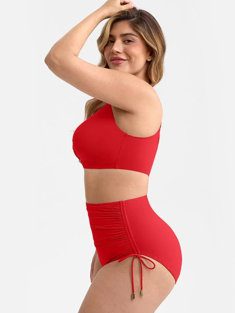Deep V Neck Tummy Control One Piece Swimsuit for Women – Metal Ring Drawstring Bathing Suit with Removable Pads -