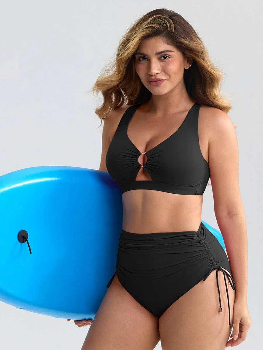 Deep V Neck Tummy Control One Piece Swimsuit for Women – Metal Ring Drawstring Bathing Suit with Removable Pads -