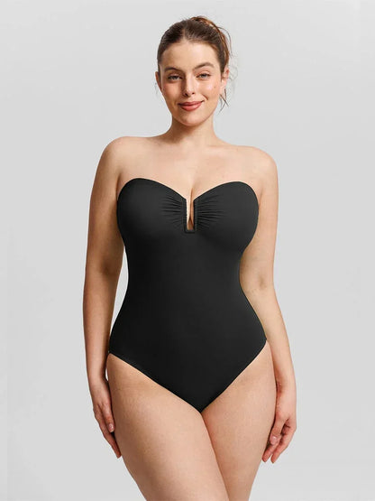 Strapless U Wire Mesh Tummy Control One Piece Shapewear Swimsuit with Removable Pads -