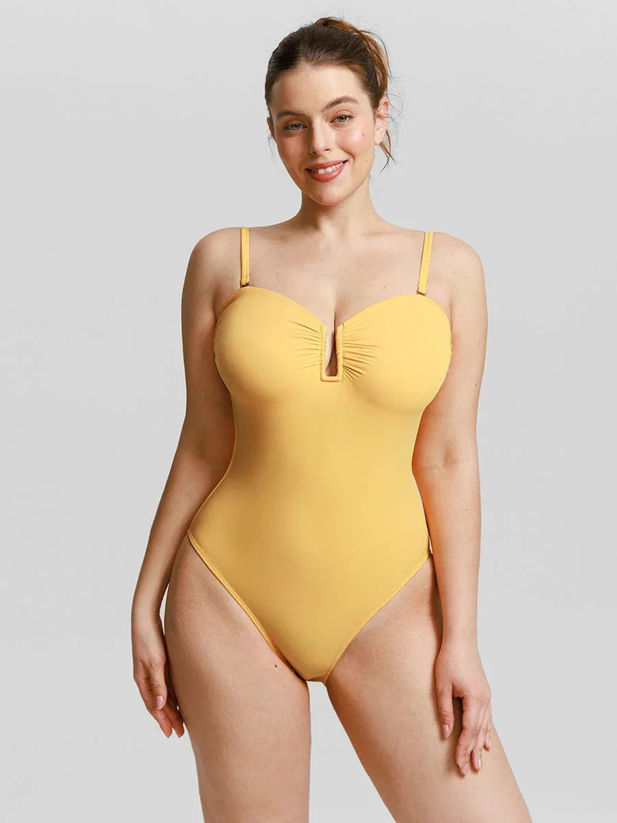 Strapless U Wire Mesh Tummy Control One Piece Shapewear Swimsuit with Removable Pads -