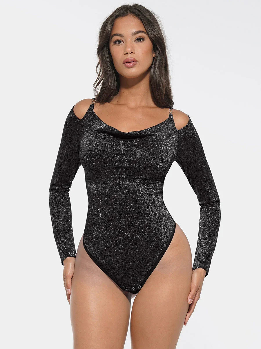 Shiny Draped Neck All In One Shapewear Bodysuit with Built In Bra and Thong Snap Crotch -
