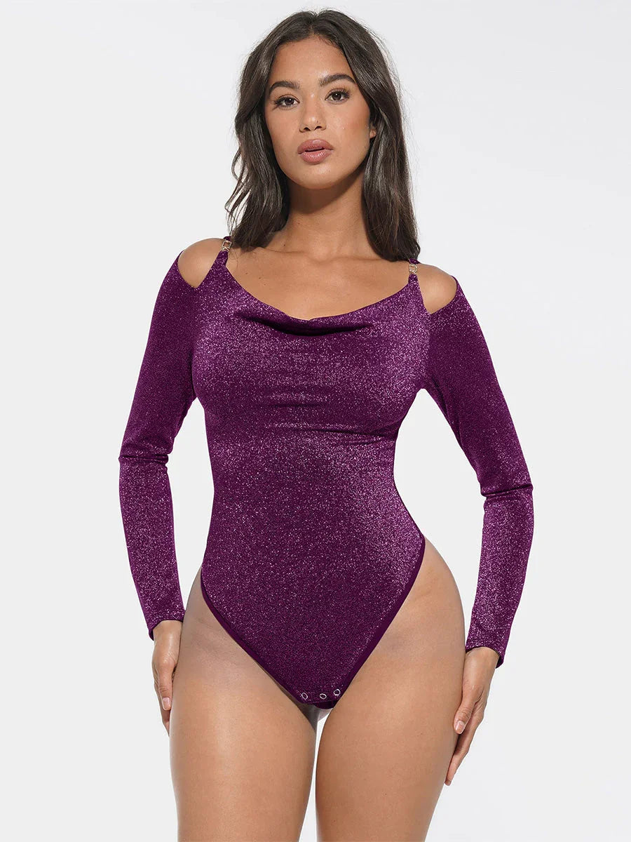 Shiny Draped Neck All In One Shapewear Bodysuit with Built In Bra and Thong Snap Crotch -