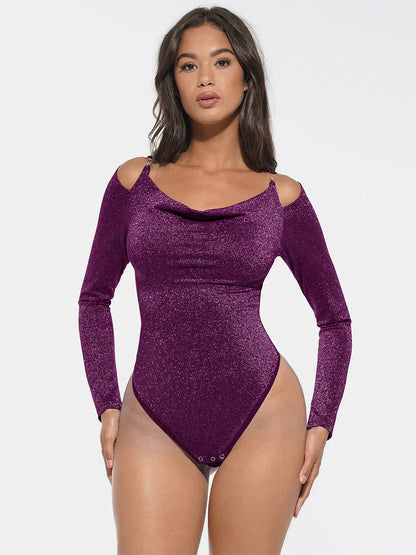 Shiny Draped Neck All In One Shapewear Bodysuit with Built In Bra and Thong Snap Crotch -