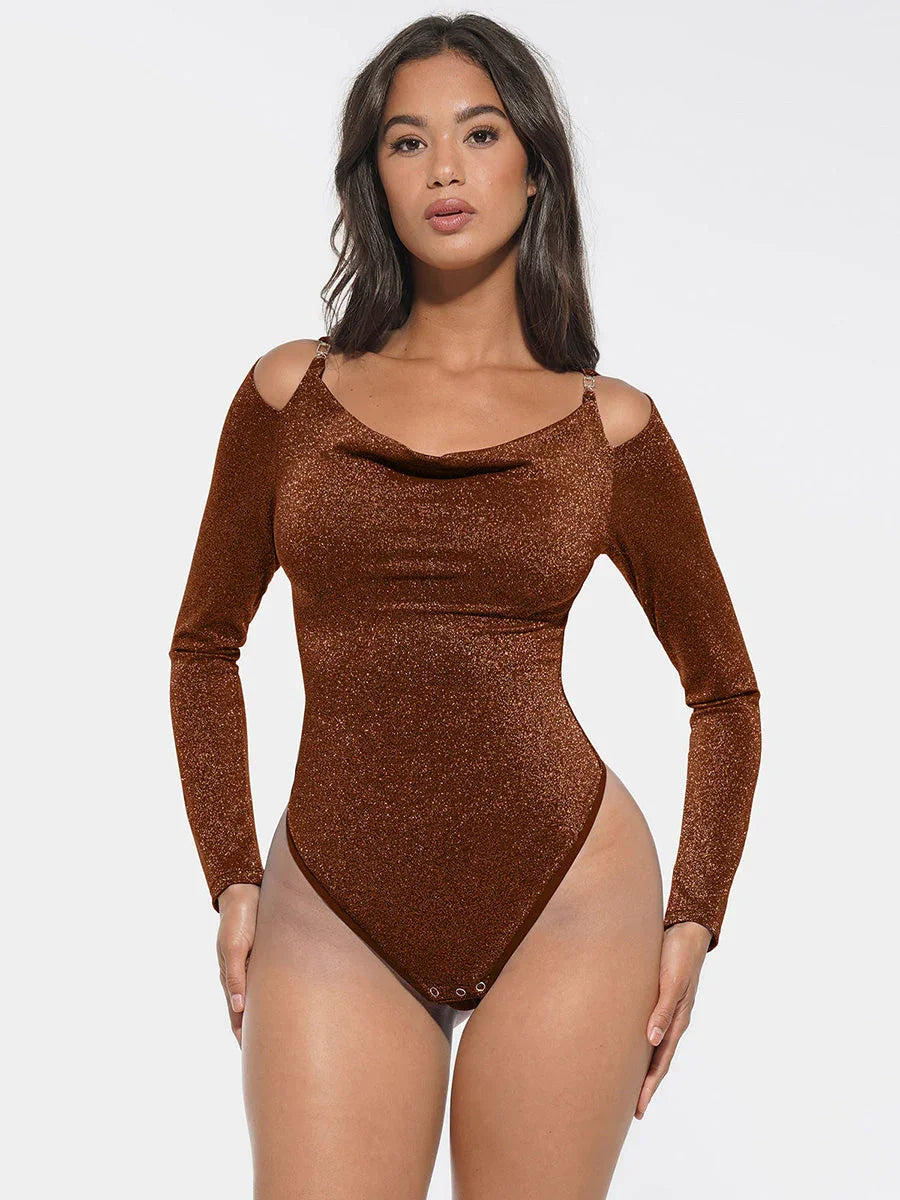Shiny Draped Neck All In One Shapewear Bodysuit with Built In Bra and Thong Snap Crotch -