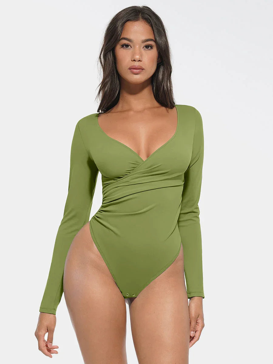Sexy V-neck Overlapping pleated Waist and Tummy Control Antibacterial Crotch Bodysuit -