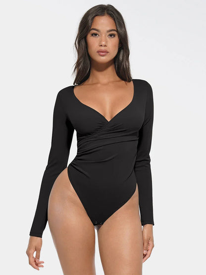 Sexy V-neck Overlapping pleated Waist and Tummy Control Antibacterial Crotch Bodysuit -