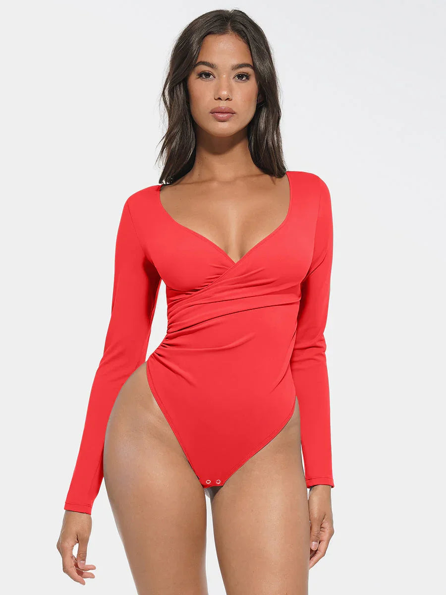 Sexy V-neck Overlapping pleated Waist and Tummy Control Antibacterial Crotch Bodysuit -