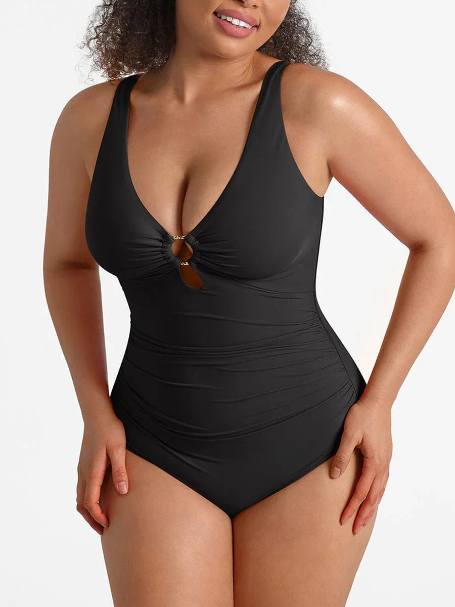 Ruched Tummy Control One Piece Swimsuit for Women – Mesh Waist Shaping Bathing Suit with Removable Pads -