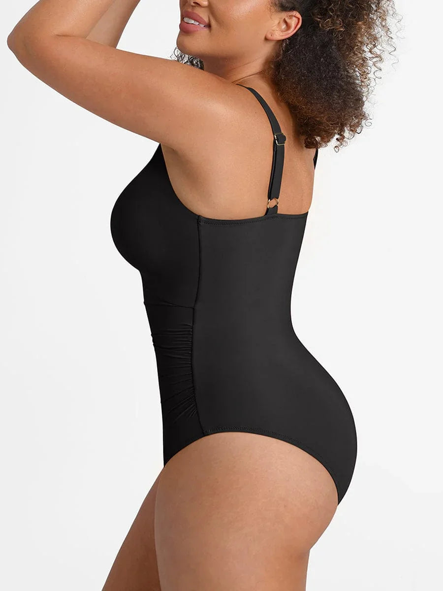 Ruched Tummy Control One Piece Swimsuit for Women – Mesh Waist Shaping Bathing Suit with Removable Pads -