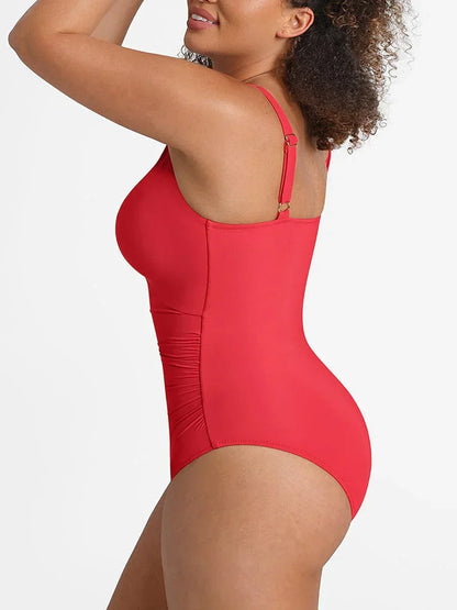 Ruched Tummy Control One Piece Swimsuit for Women – Mesh Waist Shaping Bathing Suit with Removable Pads -
