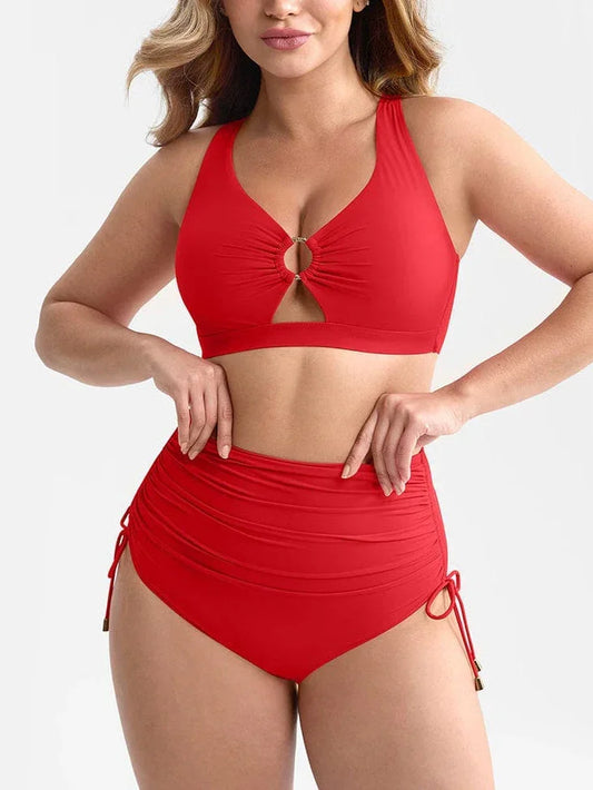 Deep V Neck Tummy Control One Piece Swimsuit for Women – Metal Ring Drawstring Bathing Suit with Removable Pads -