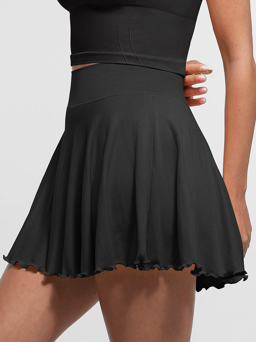 Mid-Waist A Line Skirt Flared Ruffle Hem Built in Shorts with Pockets