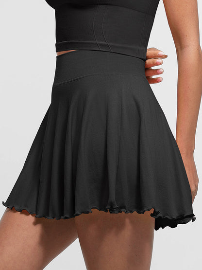 Mid-Waist A Line Skirt Flared Ruffle Hem Built in Shorts with Pockets