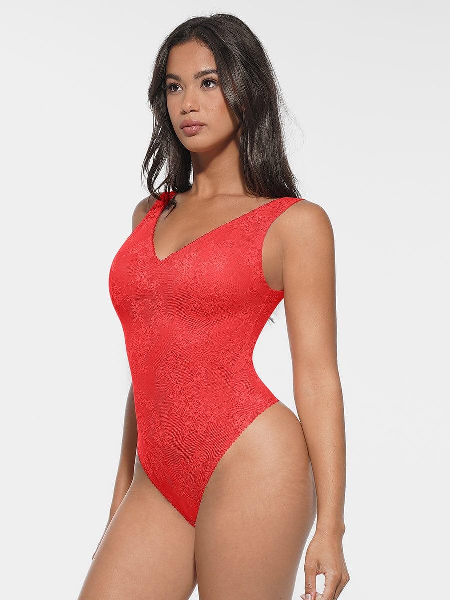 Seamless Sexy Deep V-Neck Lace Shaping Thong Bodysuit -