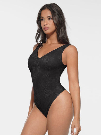 Seamless Sexy Deep V-Neck Lace Shaping Thong Bodysuit -