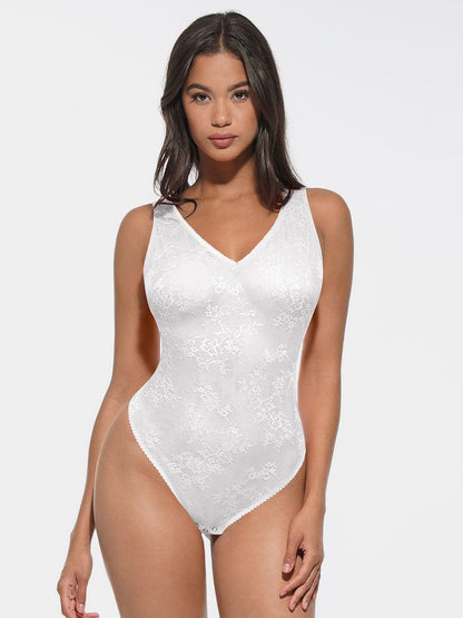 Seamless Sexy Deep V-Neck Lace Shaping Thong Bodysuit -