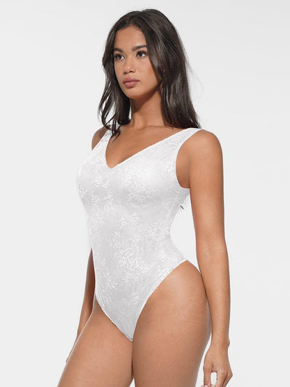 Seamless Sexy Deep V-Neck Lace Shaping Thong Bodysuit -